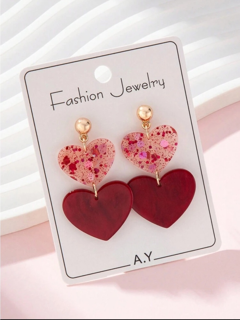 Red Heart Drop Earrings - Gold Accent